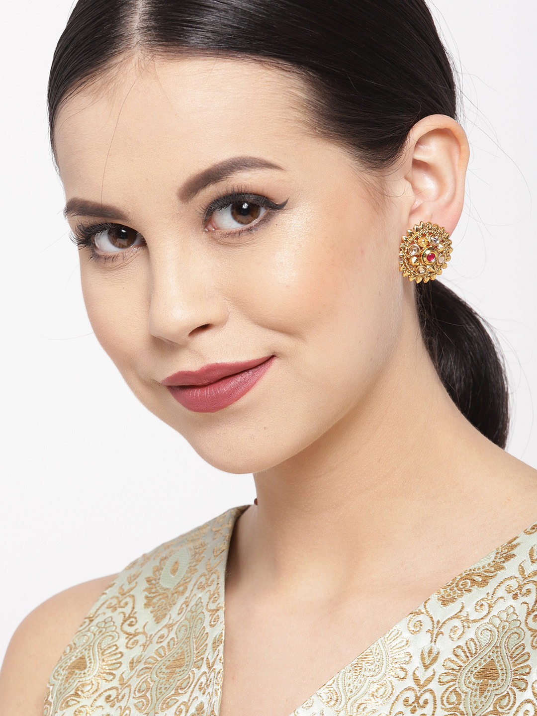 YouBella Red Gold-Plated Stone-Studded Circular Studs